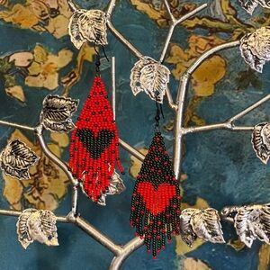 Artisan Red and Black Heart Beaded Earrings
